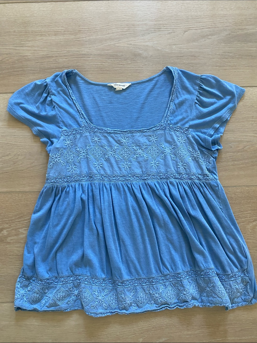Lucky Brand Light Blue Embroidered Scoop Neck Top